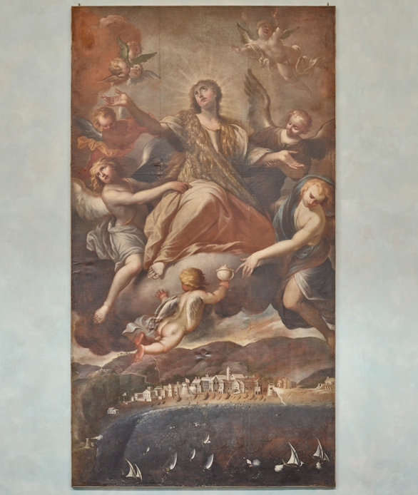 La Maddalena in gloria sull’abitato di Laigueglia, nella tela che un tempo nascondeva l’affresco originario, di uguale soggetto, sulla volta dell’oratorio. Foto Giovanni Hänninen Image